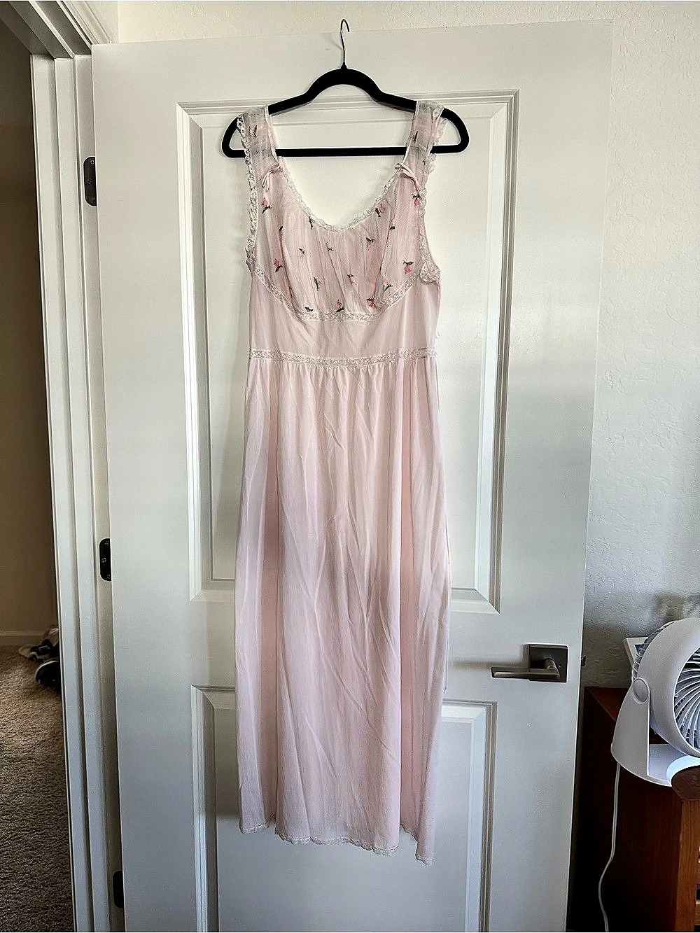 Vintage Pink Rosebud Lace Maxi Nightgown Romantic Slip Dress